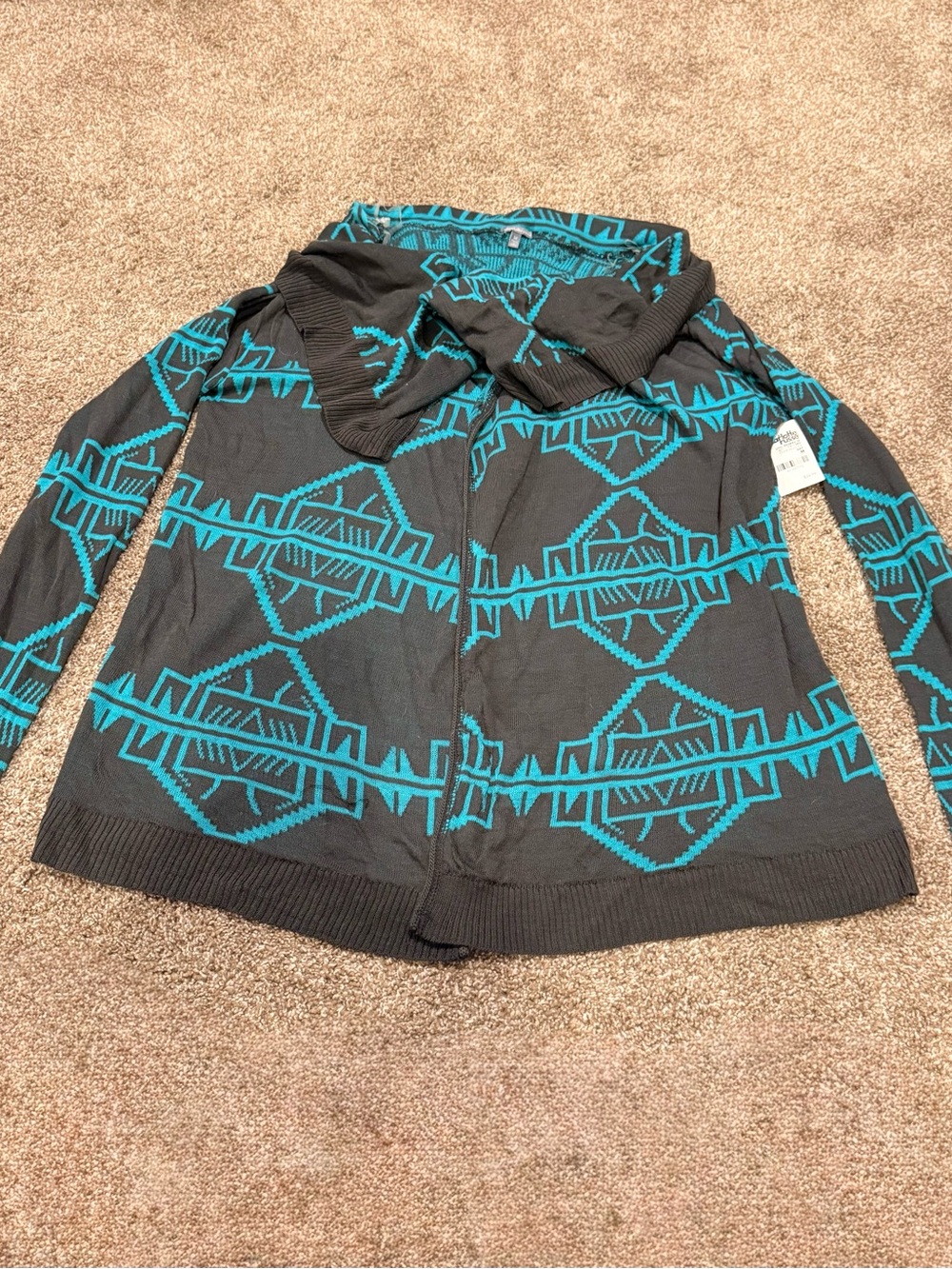 Charlotte Russe Black and Teal Patterned Open Cardigan